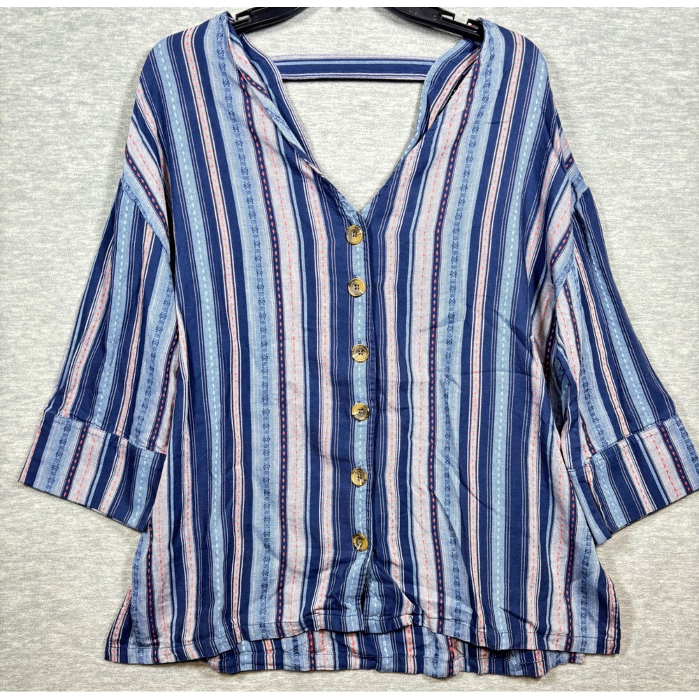 RD & Koko Blue Stripe 3/4 Sleeve V Neck Cut Out Back Woven Women's Shirt Boho L
